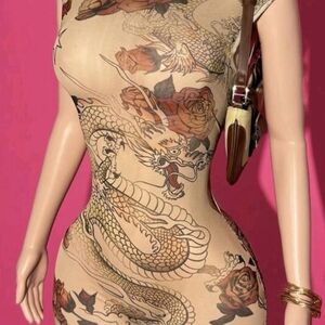 Dragon Tattoo Print Nude Bodycon Mini Dress